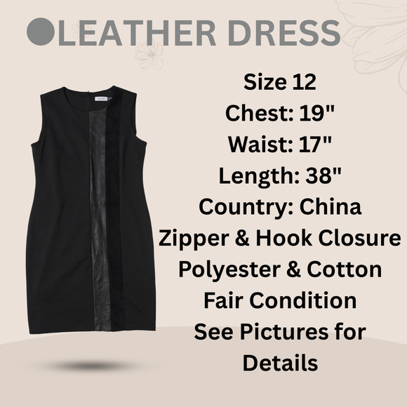Calvin Klein Sheath Dress Sz 12 Black Leather Panel Edgy Sleeveless Needs Repair - Picture 5 of 13
